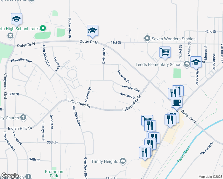 map of restaurants, bars, coffee shops, grocery stores, and more near 2434 Apache Drive in Sioux City