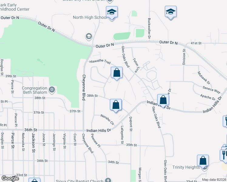 map of restaurants, bars, coffee shops, grocery stores, and more near 1407 38th Street in Sioux City