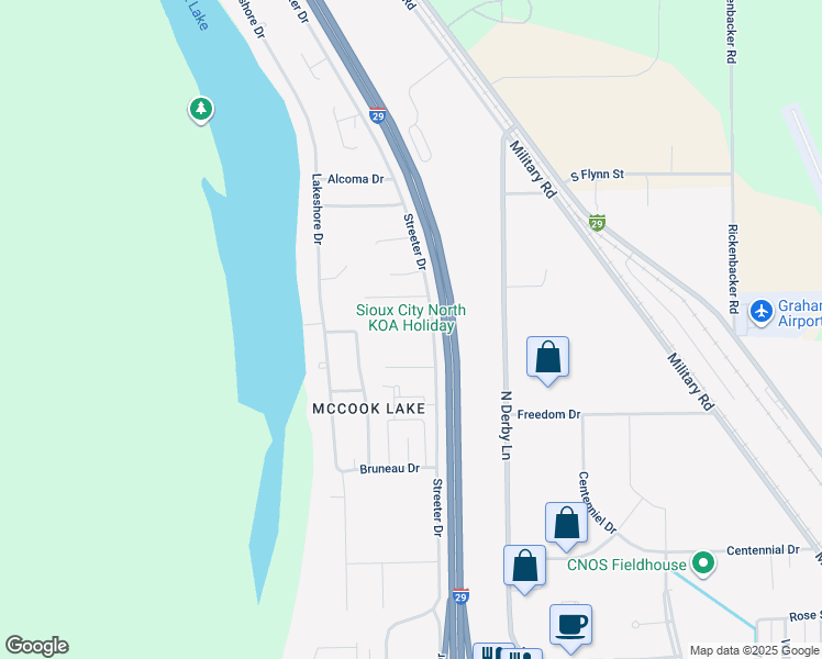 map of restaurants, bars, coffee shops, grocery stores, and more near 675 Streeter Drive in North Sioux City