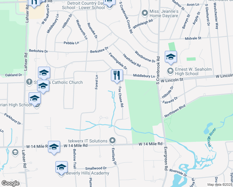 map of restaurants, bars, coffee shops, grocery stores, and more near 1138 Fox Chase Road in Bloomfield Hills