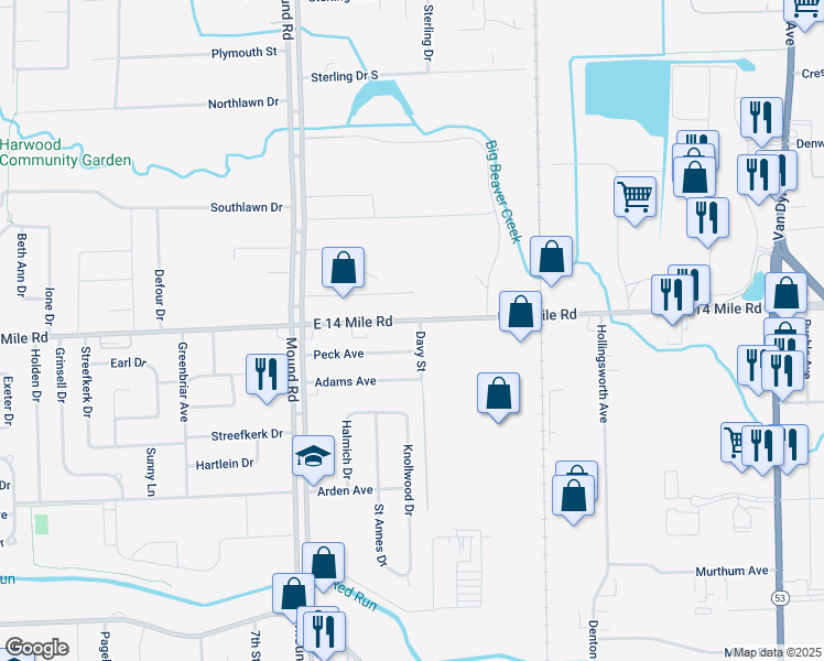map of restaurants, bars, coffee shops, grocery stores, and more near 6378 East 14 Mile Road in Warren