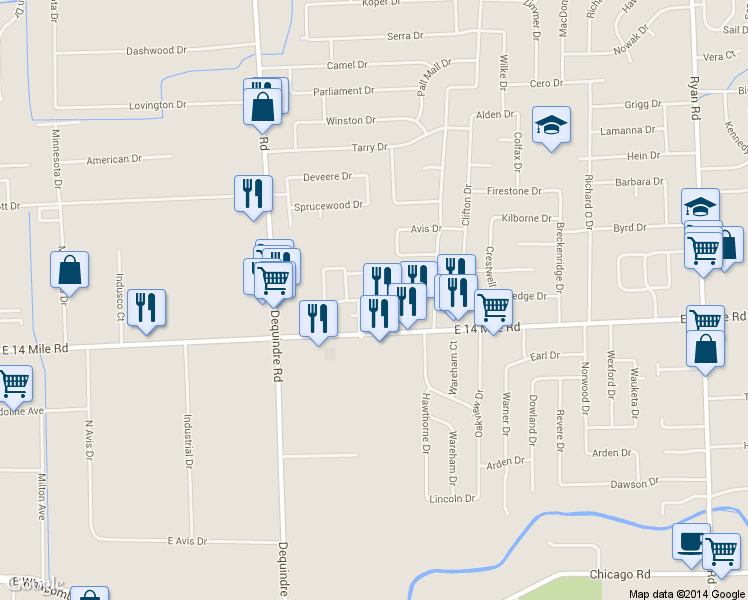 map of restaurants, bars, coffee shops, grocery stores, and more near Sterling Heights Apartment in Sterling Heights