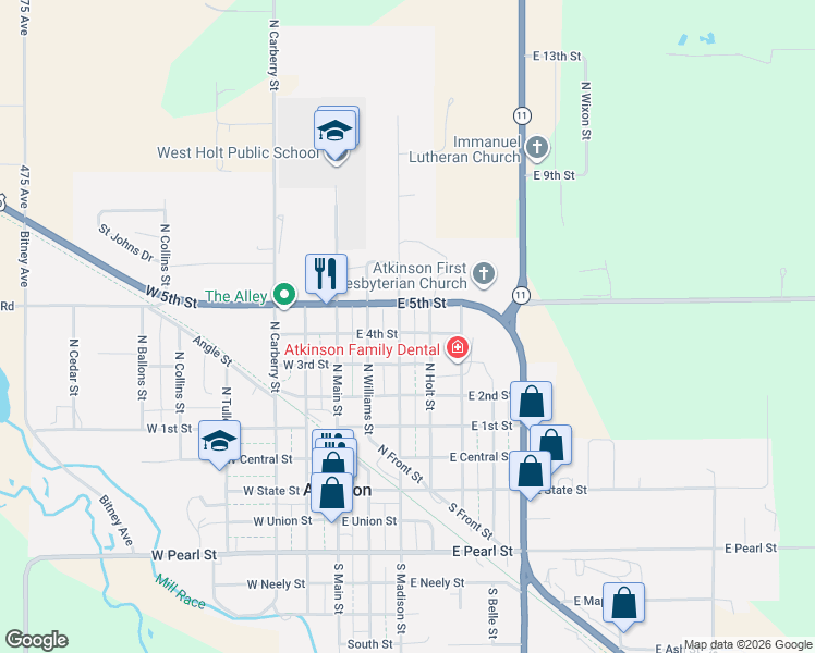 map of restaurants, bars, coffee shops, grocery stores, and more near 500-598 North Madison Street in Atkinson
