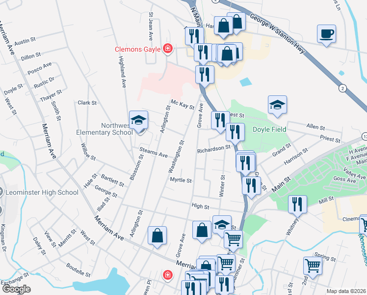 map of restaurants, bars, coffee shops, grocery stores, and more near 193 Washington Street in Leominster