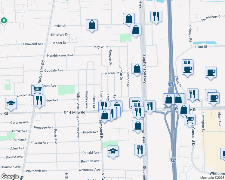 map of restaurants, bars, coffee shops, grocery stores, and more near 105 Redwood Drive in Troy