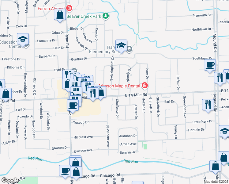 map of restaurants, bars, coffee shops, grocery stores, and more near 4600 East 14 Mile Road in Warren