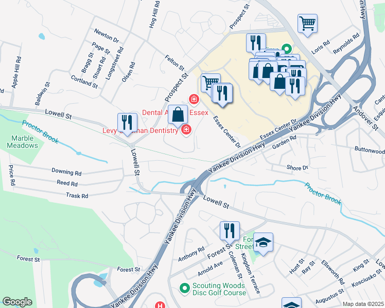 map of restaurants, bars, coffee shops, grocery stores, and more near 31 Essex Green Lane in Peabody