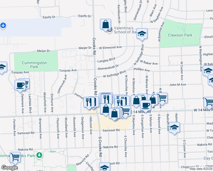 map of restaurants, bars, coffee shops, grocery stores, and more near 360 North Crooks Road in Clawson
