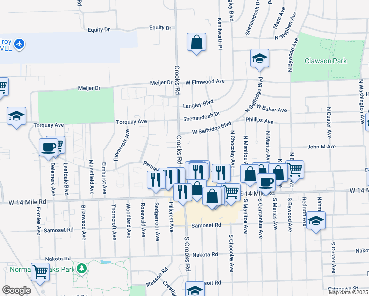 map of restaurants, bars, coffee shops, grocery stores, and more near 320 North Crooks Road in Clawson