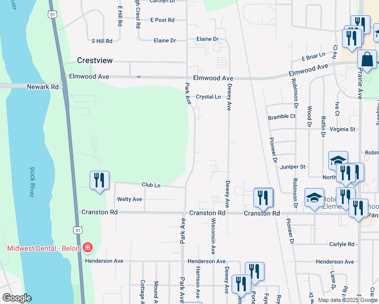map of restaurants, bars, coffee shops, grocery stores, and more near 2346 Park Avenue in Beloit