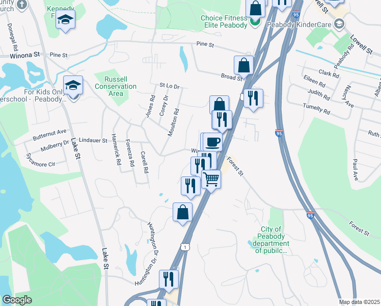map of restaurants, bars, coffee shops, grocery stores, and more near 12 Winona Street in Peabody