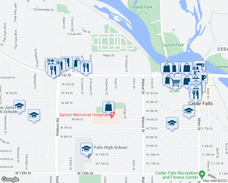 map of restaurants, bars, coffee shops, grocery stores, and more near 221 Pearl Street in Cedar Falls