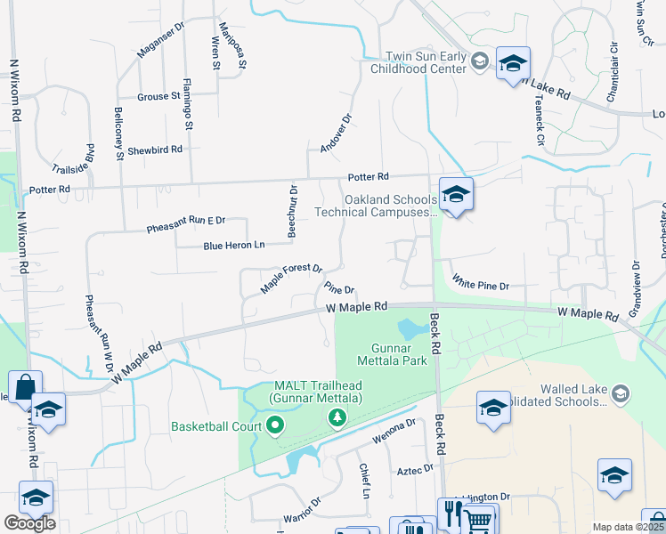 map of restaurants, bars, coffee shops, grocery stores, and more near 939 Calpernia in Wixom