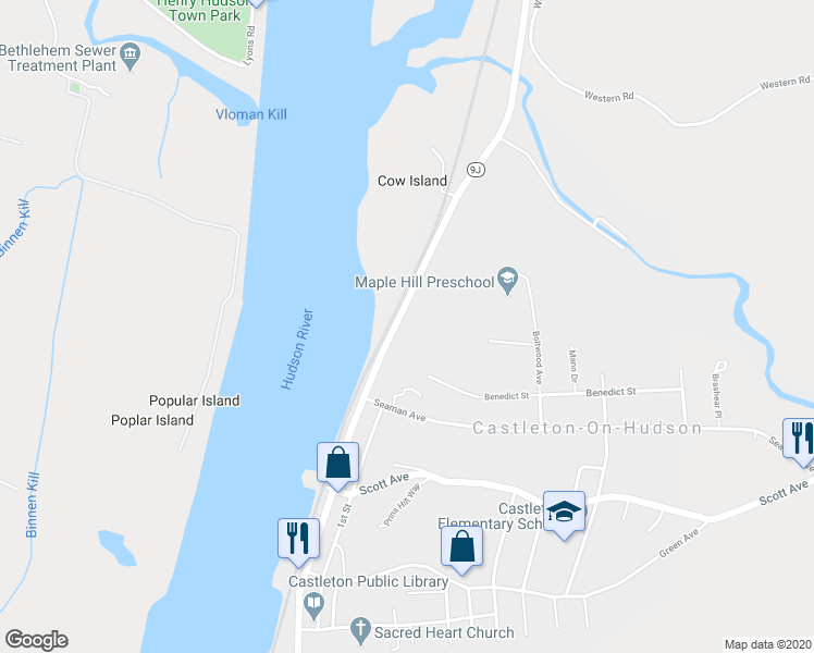 map of restaurants, bars, coffee shops, grocery stores, and more near 70 North Main Street in Castleton-on-Hudson