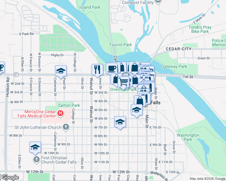 map of restaurants, bars, coffee shops, grocery stores, and more near 309 Tremont Street in Cedar Falls