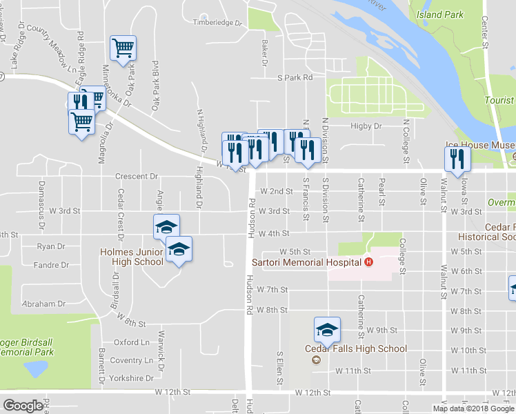 map of restaurants, bars, coffee shops, grocery stores, and more near 1611 West 3rd Street in Cedar Falls