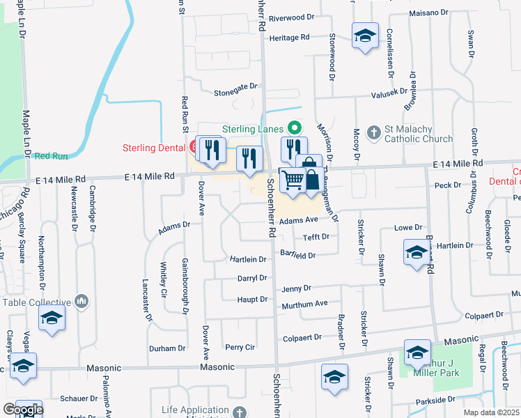 map of restaurants, bars, coffee shops, grocery stores, and more near 13480 Adams Drive in Warren