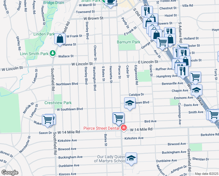 map of restaurants, bars, coffee shops, grocery stores, and more near 1452 Henrietta Street in Birmingham