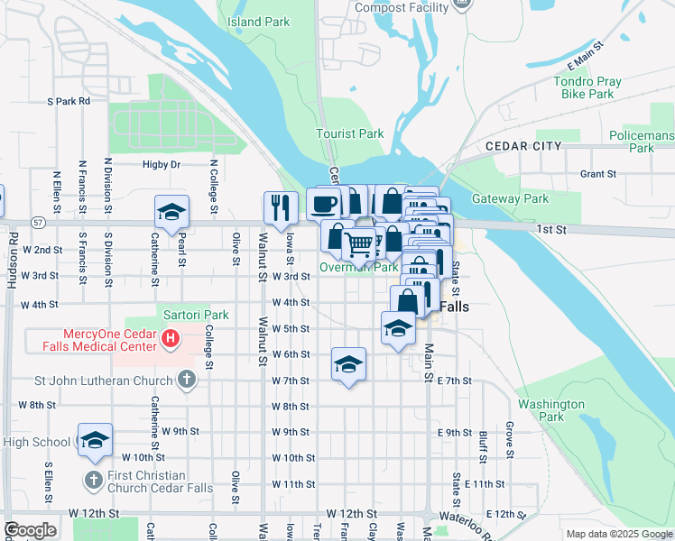 map of restaurants, bars, coffee shops, grocery stores, and more near 407 West 3rd Street in Cedar Falls