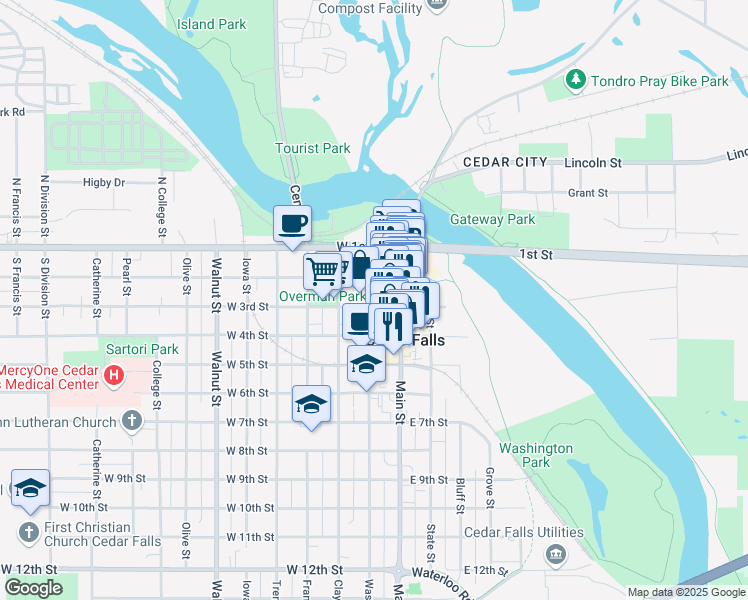 map of restaurants, bars, coffee shops, grocery stores, and more near 123 West 4th Street in Cedar Falls