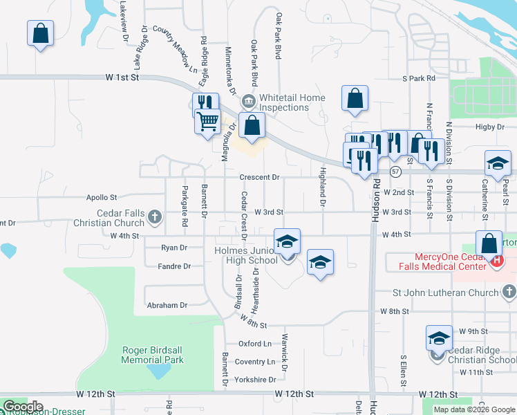 map of restaurants, bars, coffee shops, grocery stores, and more near 2221 West 3rd Street in Cedar Falls