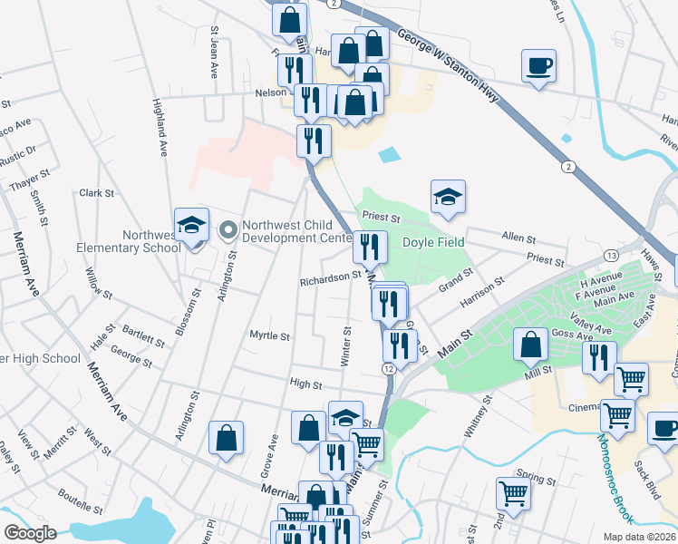 map of restaurants, bars, coffee shops, grocery stores, and more near 9 Winter Place in Leominster