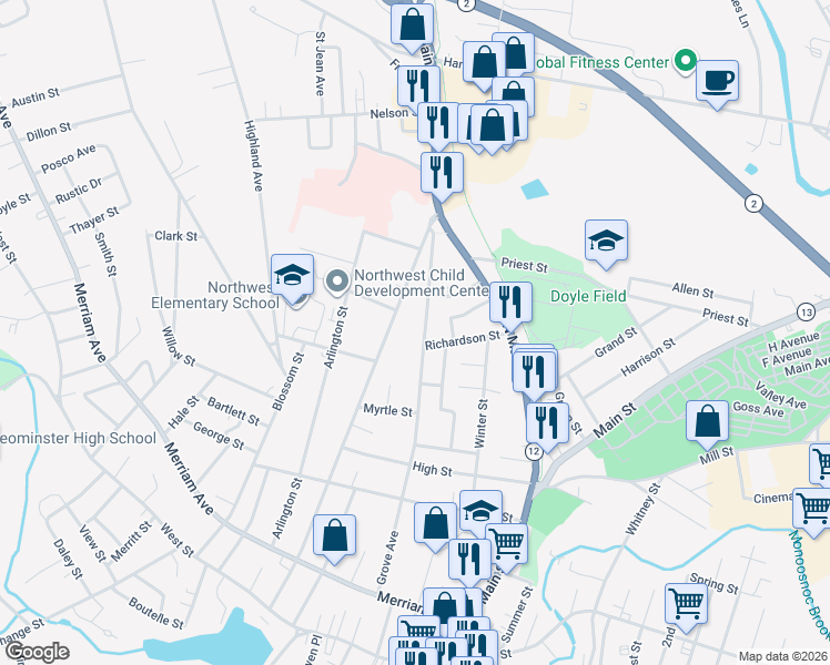 map of restaurants, bars, coffee shops, grocery stores, and more near 187 Grove Avenue in Leominster