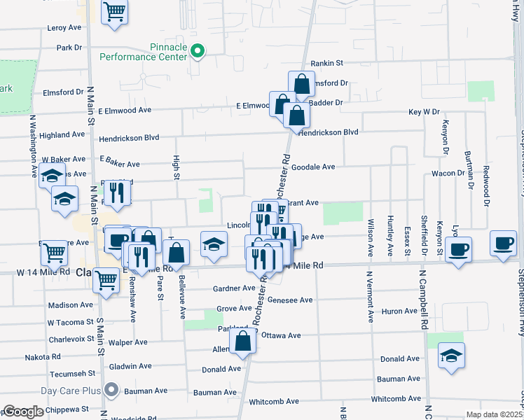 map of restaurants, bars, coffee shops, grocery stores, and more near 159 North Rochester Road in Clawson