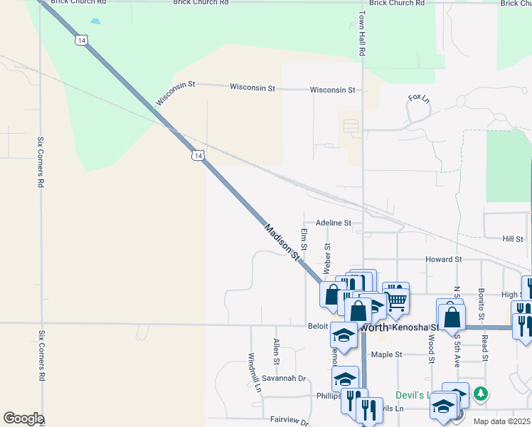 map of restaurants, bars, coffee shops, grocery stores, and more near 458 Madison Street in Walworth