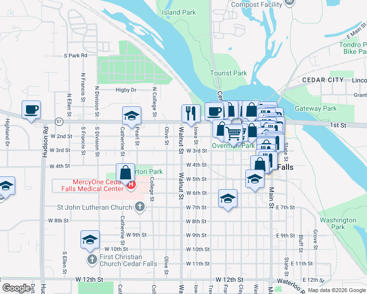map of restaurants, bars, coffee shops, grocery stores, and more near 315 Iowa Street in Cedar Falls