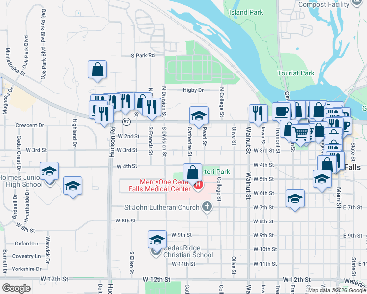 map of restaurants, bars, coffee shops, grocery stores, and more near 1024 West 3rd Street in Cedar Falls