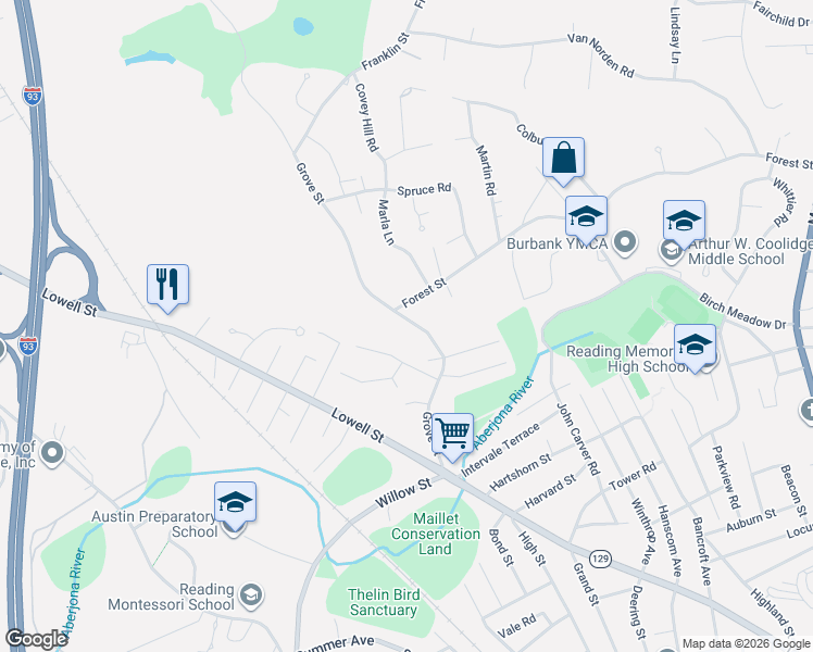 map of restaurants, bars, coffee shops, grocery stores, and more near 35 Mark Avenue in Reading