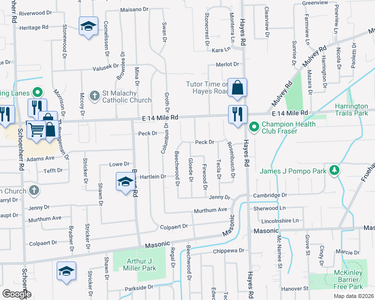 map of restaurants, bars, coffee shops, grocery stores, and more near 14712 Lowe Drive in Warren