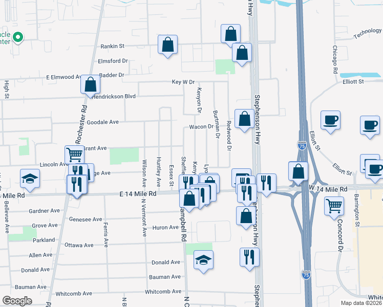map of restaurants, bars, coffee shops, grocery stores, and more near 201 Kenyon Drive in Troy