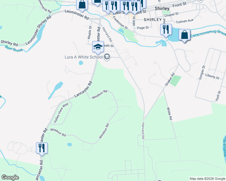 map of restaurants, bars, coffee shops, grocery stores, and more near 14 Windsor Road in Shirley