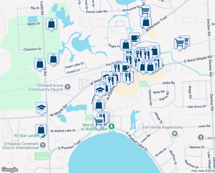 map of restaurants, bars, coffee shops, grocery stores, and more near 615 North Pontiac Trail in Walled Lake