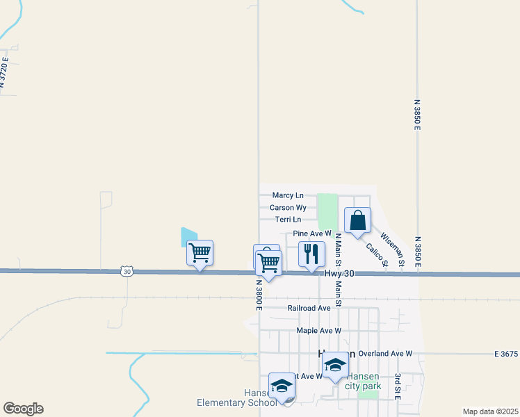 map of restaurants, bars, coffee shops, grocery stores, and more near 333 Rock Creek Road in Hansen