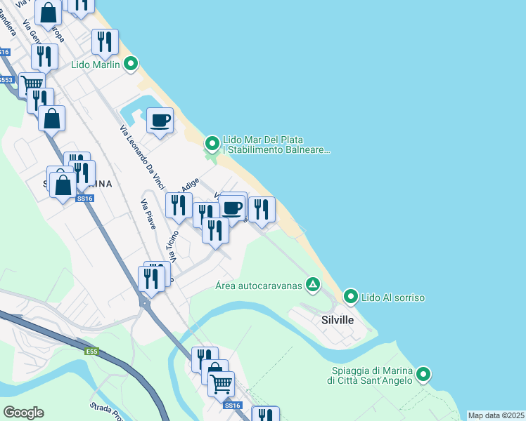 map of restaurants, bars, coffee shops, grocery stores, and more near 2 Via Arno in Silvi