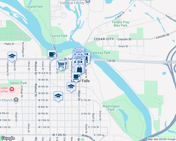 map of restaurants, bars, coffee shops, grocery stores, and more near 204 State Street in Cedar Falls