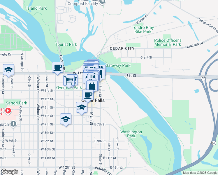 map of restaurants, bars, coffee shops, grocery stores, and more near 204 State Street in Cedar Falls