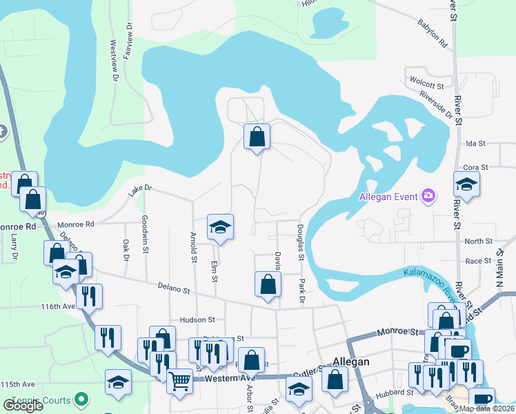 map of restaurants, bars, coffee shops, grocery stores, and more near 240 Douglas Street in Allegan