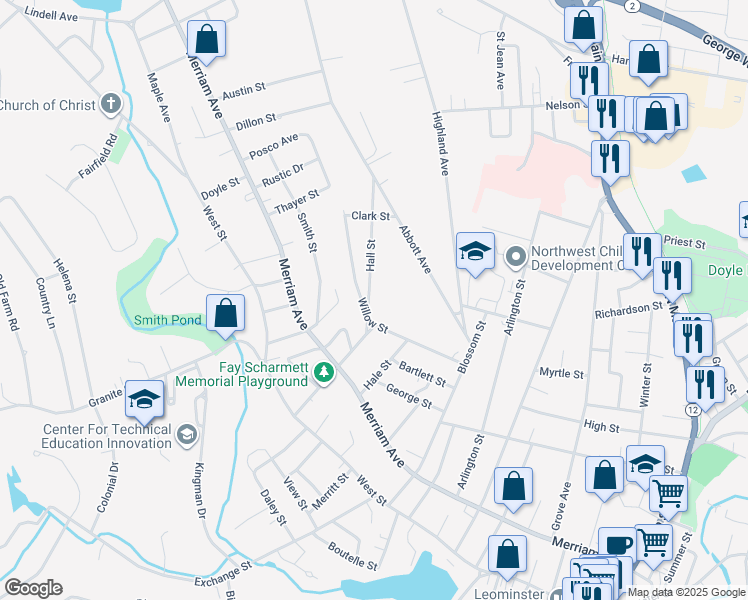map of restaurants, bars, coffee shops, grocery stores, and more near 132 Hall Street in Leominster