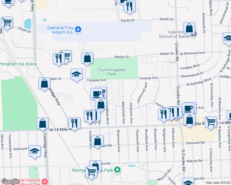 map of restaurants, bars, coffee shops, grocery stores, and more near 2425 Torquay Avenue in Royal Oak