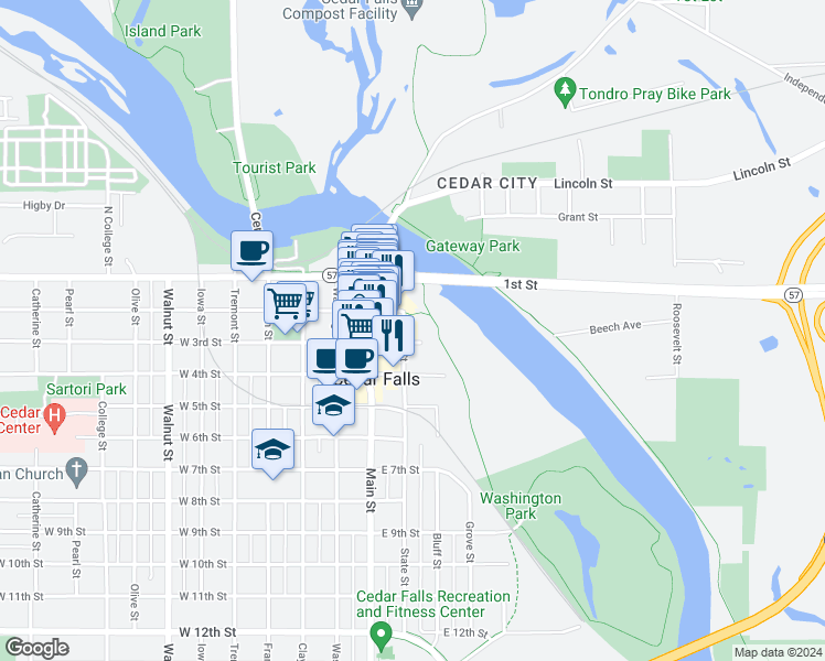 map of restaurants, bars, coffee shops, grocery stores, and more near 204 State Street in Cedar Falls