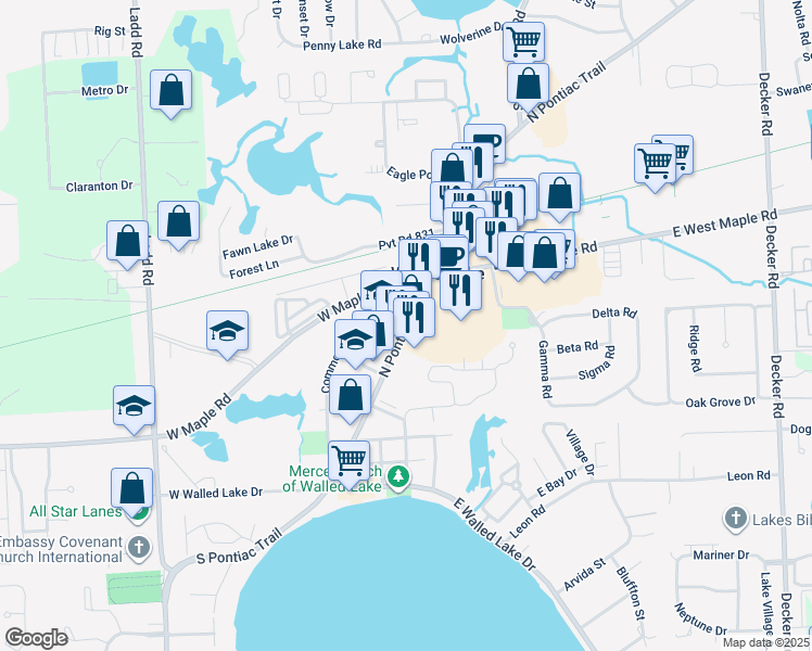 map of restaurants, bars, coffee shops, grocery stores, and more near 615 North Pontiac Trail in Walled Lake