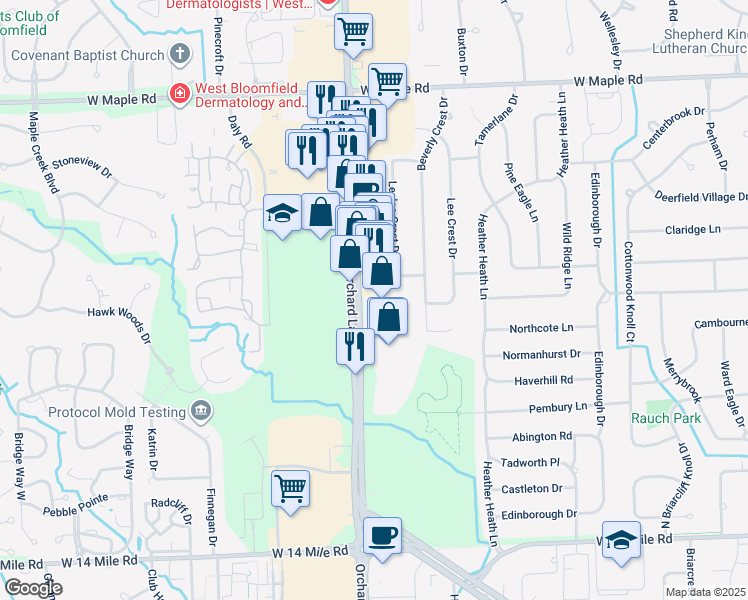 map of restaurants, bars, coffee shops, grocery stores, and more near 6927 Orchard Lake Road in West Bloomfield Township