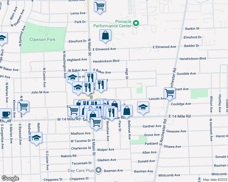 map of restaurants, bars, coffee shops, grocery stores, and more near 361 Florence Street in Clawson