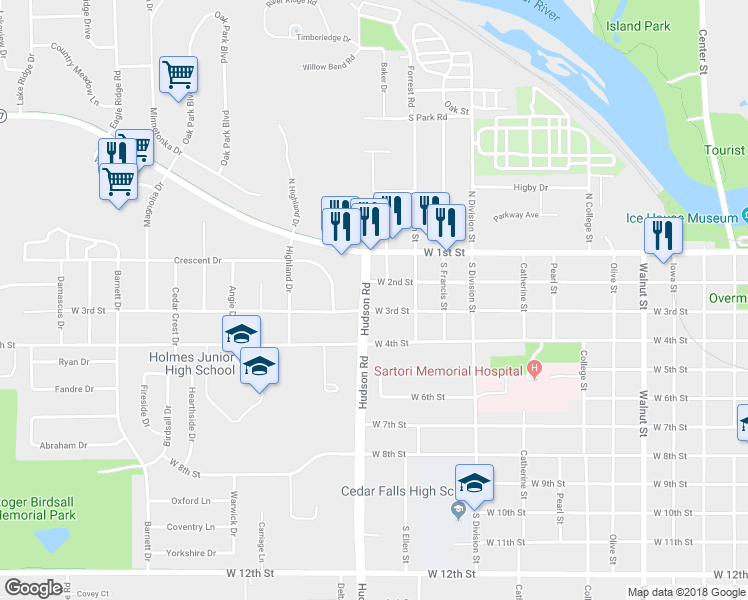 map of restaurants, bars, coffee shops, grocery stores, and more near 214 Hudson Road in Cedar Falls