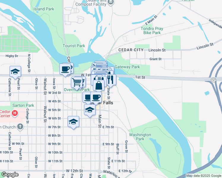 map of restaurants, bars, coffee shops, grocery stores, and more near 204 State Street in Cedar Falls