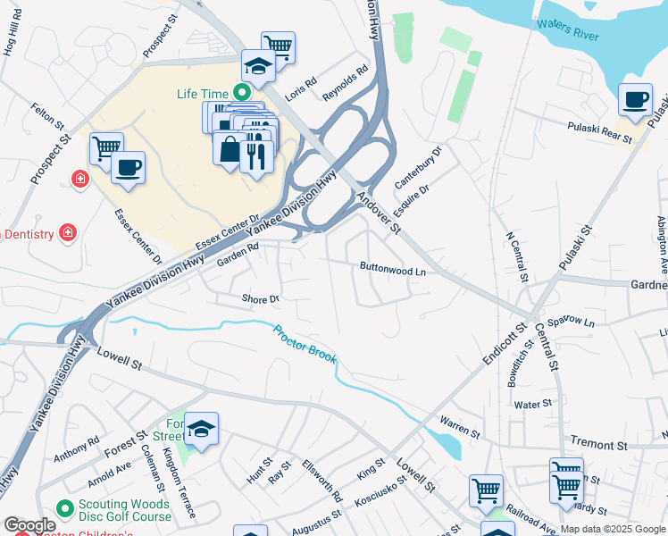 map of restaurants, bars, coffee shops, grocery stores, and more near 23 Violet Road in Peabody